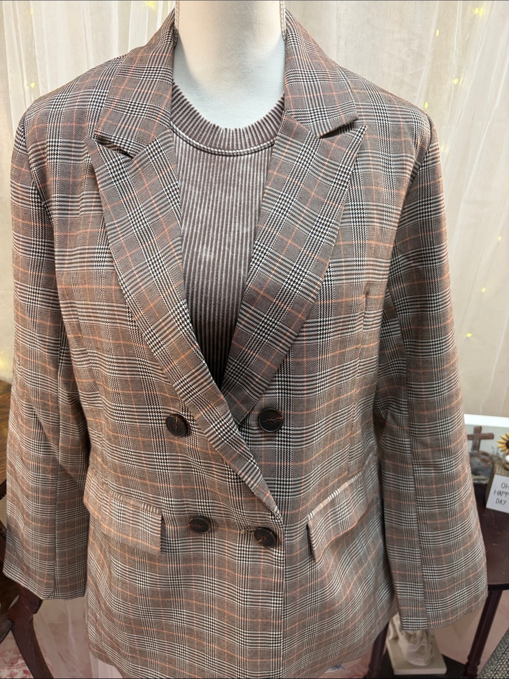 Plaid Double-Breasted Women's Blazer in Brown